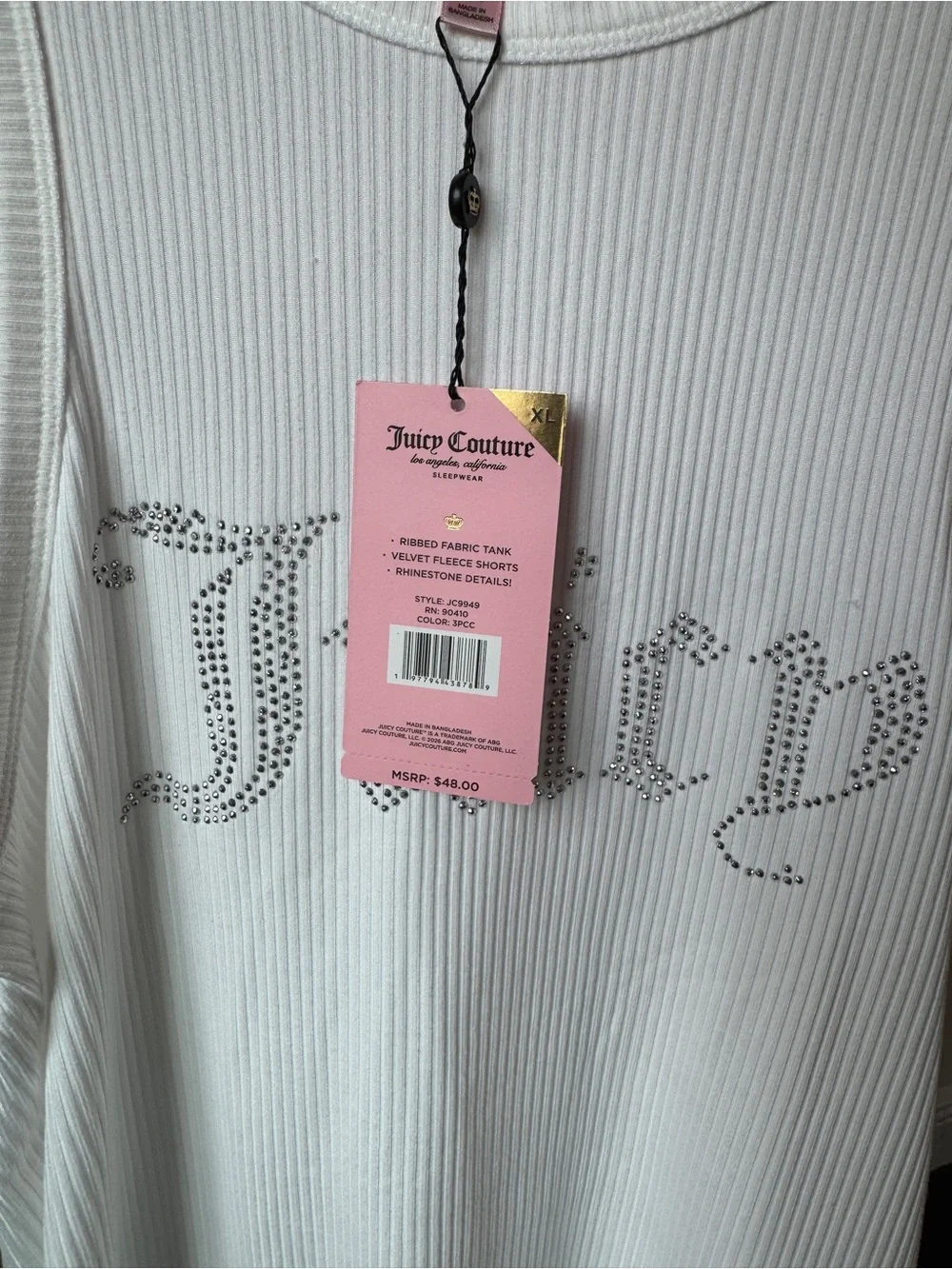 NWT Juicy Couture White Ribbed Tank with 2 Velvet Pink Cherry Boxer Shorts XL